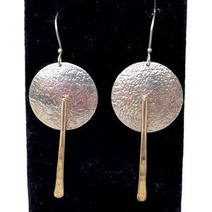 Vtg Sterling Silver Gold Filled Dangle Earrings Moder  brutalist Hammered Disc